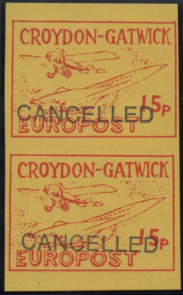 Croydon Gatwick Strike Post Stamps 1971 15p Concorde design, 46 mm wide Imperforate pair handstamped CANCELLED 46mm stamps used for Rouletted issue